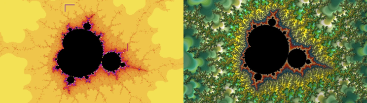 The same Mandelbrot Set coordinates rendered in over two hours in low-res in C on IBM PC in 1987 vs. less than one-second in hi-res in Swift and Metal on iPhone in 2026.