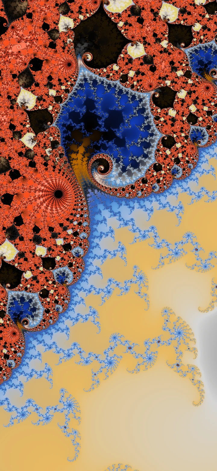 An intricate coral, cobalt-blue, and gold spiral with branching fractal detail.