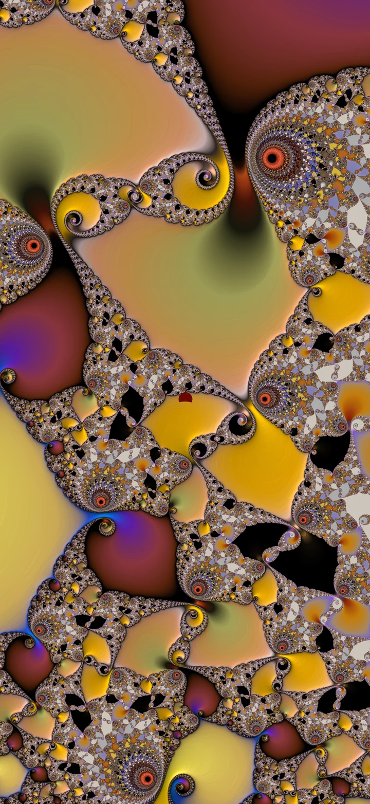 Sweeping golden forms bordered by delicate spirals, with violet, olive, and rust-colored shading.