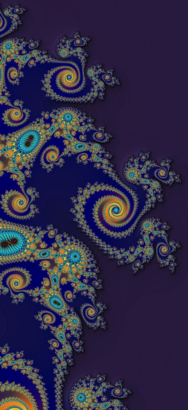 Turquoise and gold spirals and branching filigree across a deep violet and midnight-blue background.