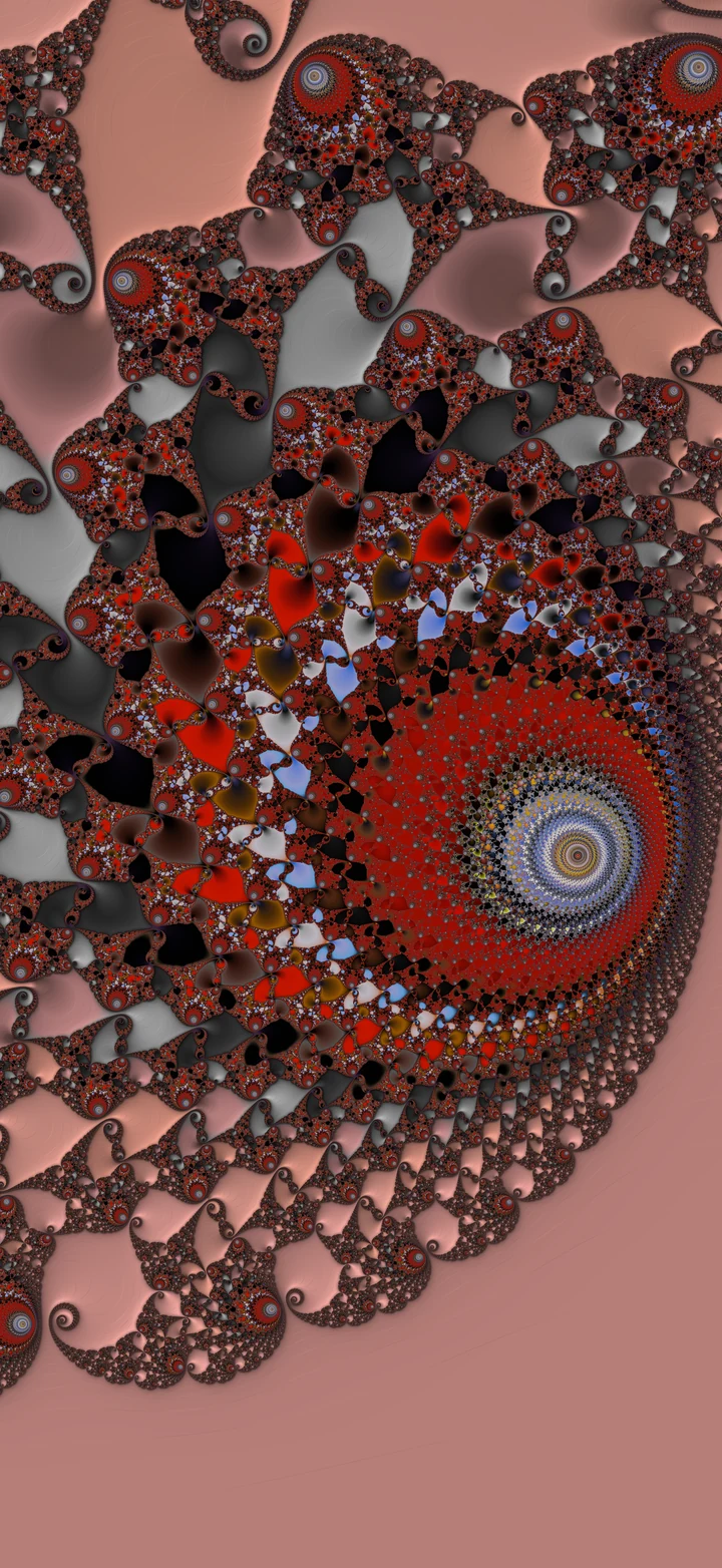A sweeping red and silver fractal spiral surrounded by rose-colored curves and smaller repeating spirals.