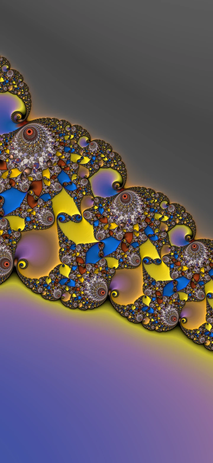 A diagonal chain of intricate gold, blue, and violet fractal spirals against a smooth gray background.