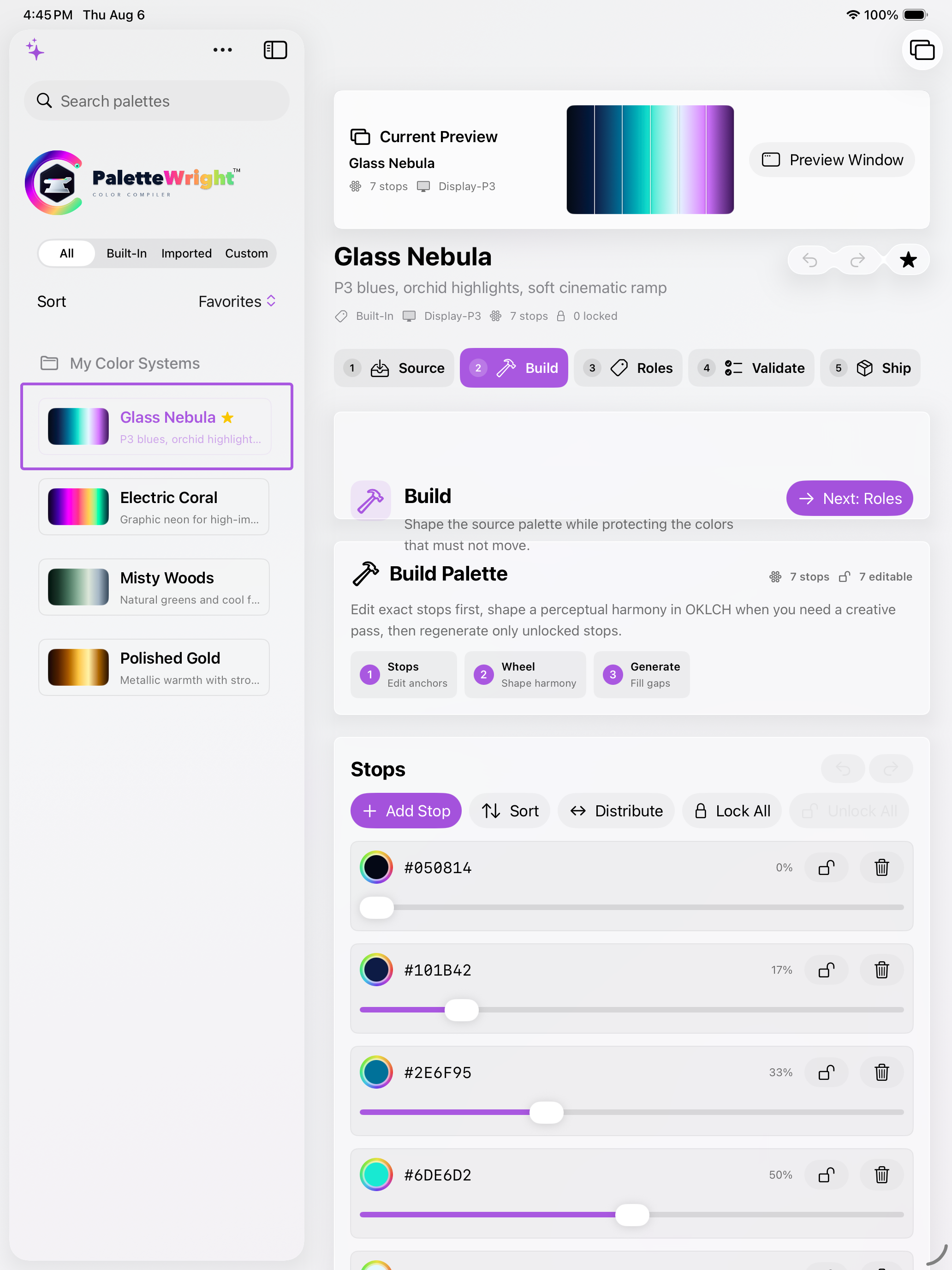 PaletteWright on iPad showing the Build page, a gradient preview, and stop rows with color swatches, position sliders, locks, and delete controls.