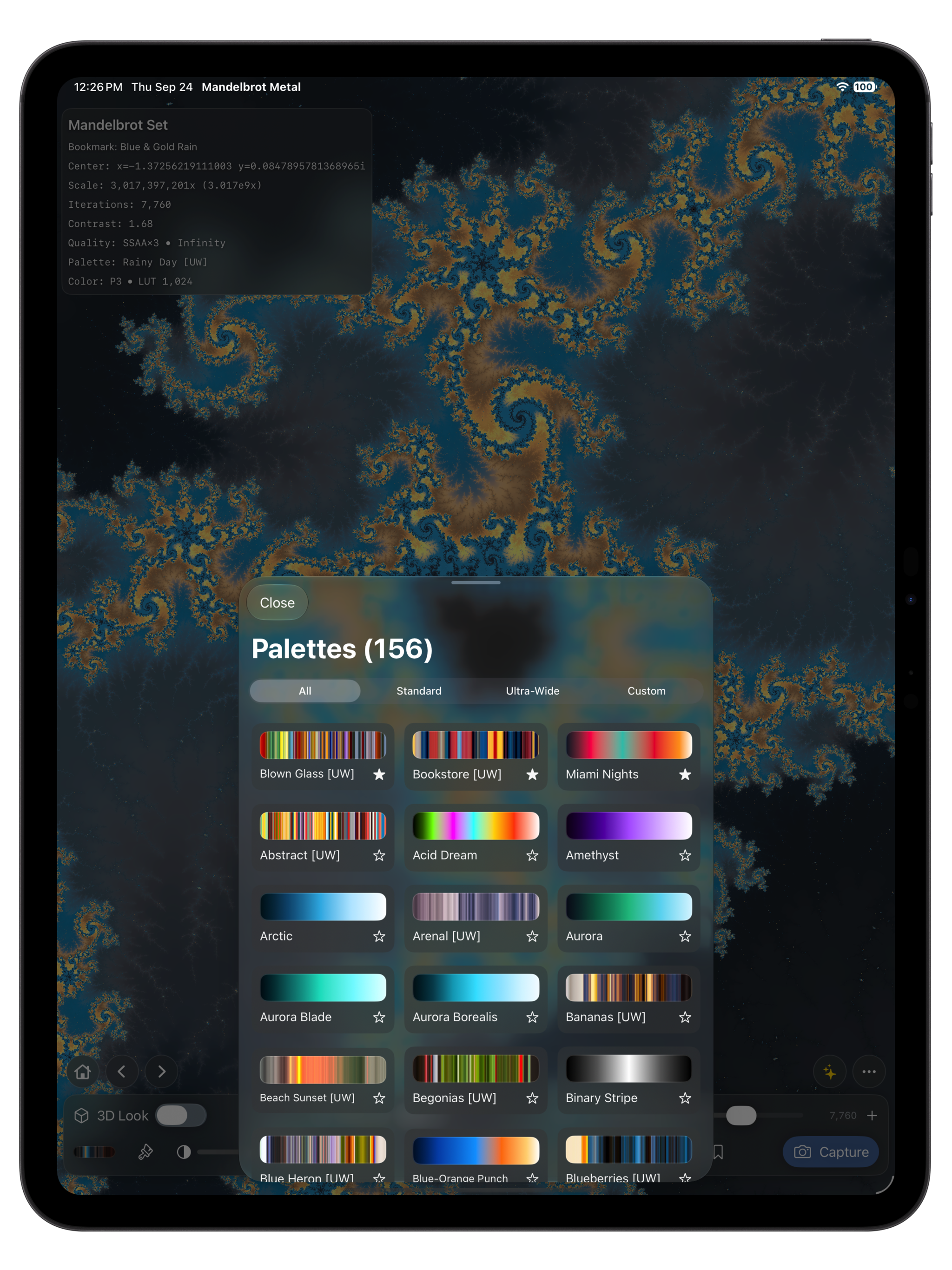 Mandelbrot Metal on iPad with the palette browser open over a blue-and-gold fractal; category tabs include All, Standard, Ultra-Wide, and Custom.