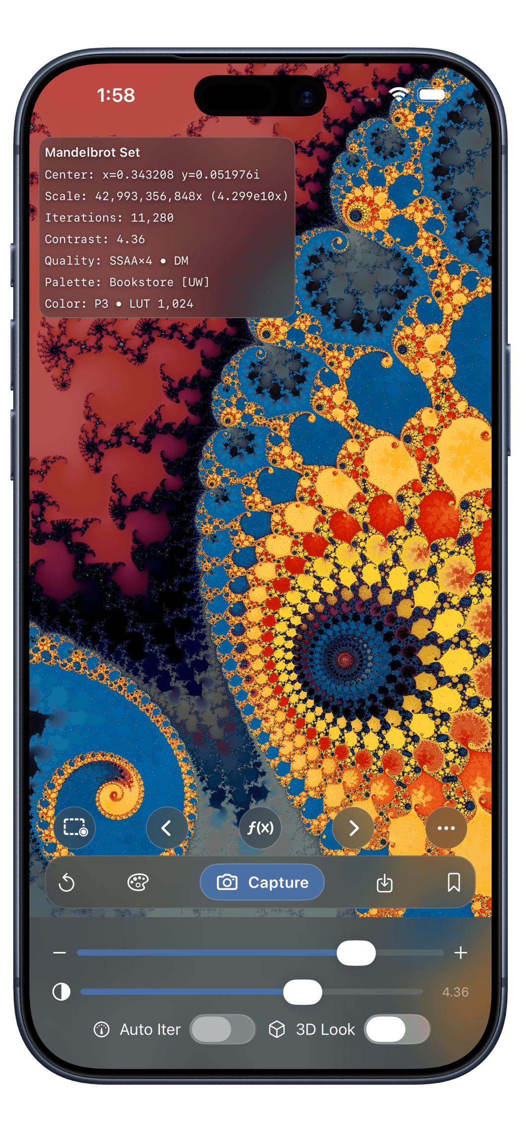 Mandelbrot Metal displaying a colorful deep-zoom fractal on iPhone