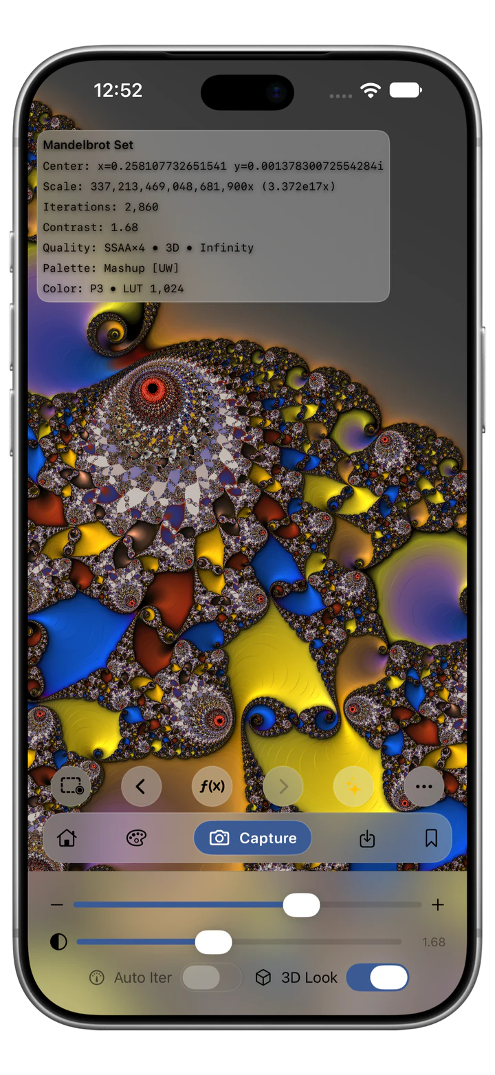 Mandelbrot Metal 3.0.3 on iPhone showing a colorful Mandelbrot fractal with the Mashup Ultra-Wide palette, 3D Look, and the restored compact controls. The complete device frame is visible.