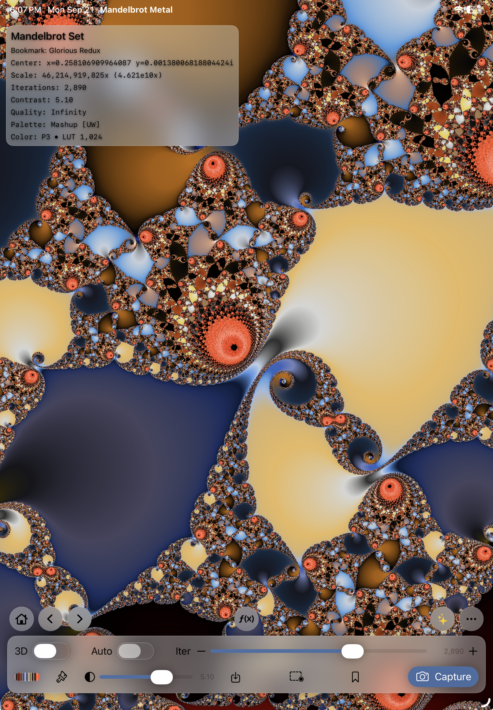 Glorious Redux in Mandelbrot Metal 3 on iPad, with coral, blue, and gold spirals rendered by the Infinity Engine and the Home button visible.