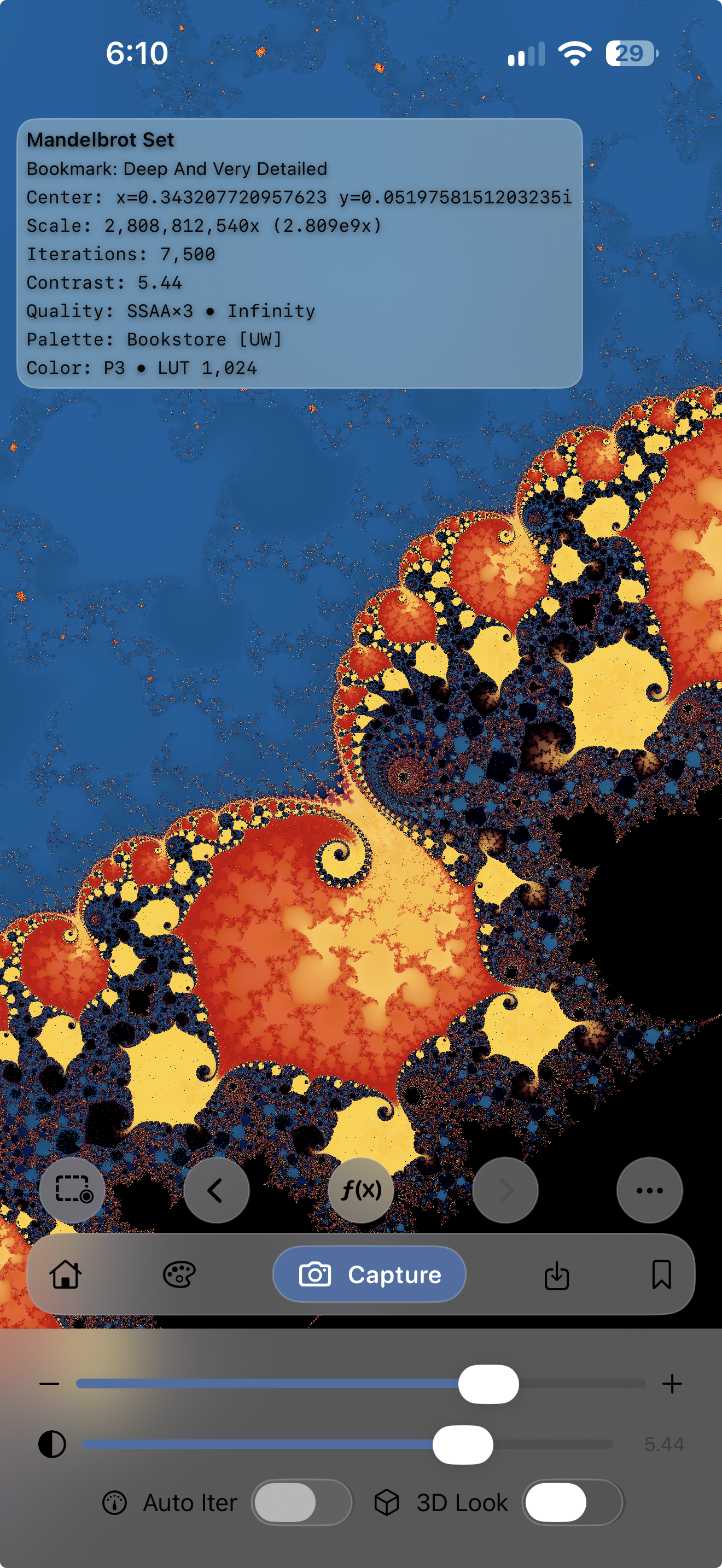 Mandelbrot Metal 3 on iPhone showing the blue and gold Deep And Very Detailed bookmark, the Infinity Engine, and the house-shaped Home button.
