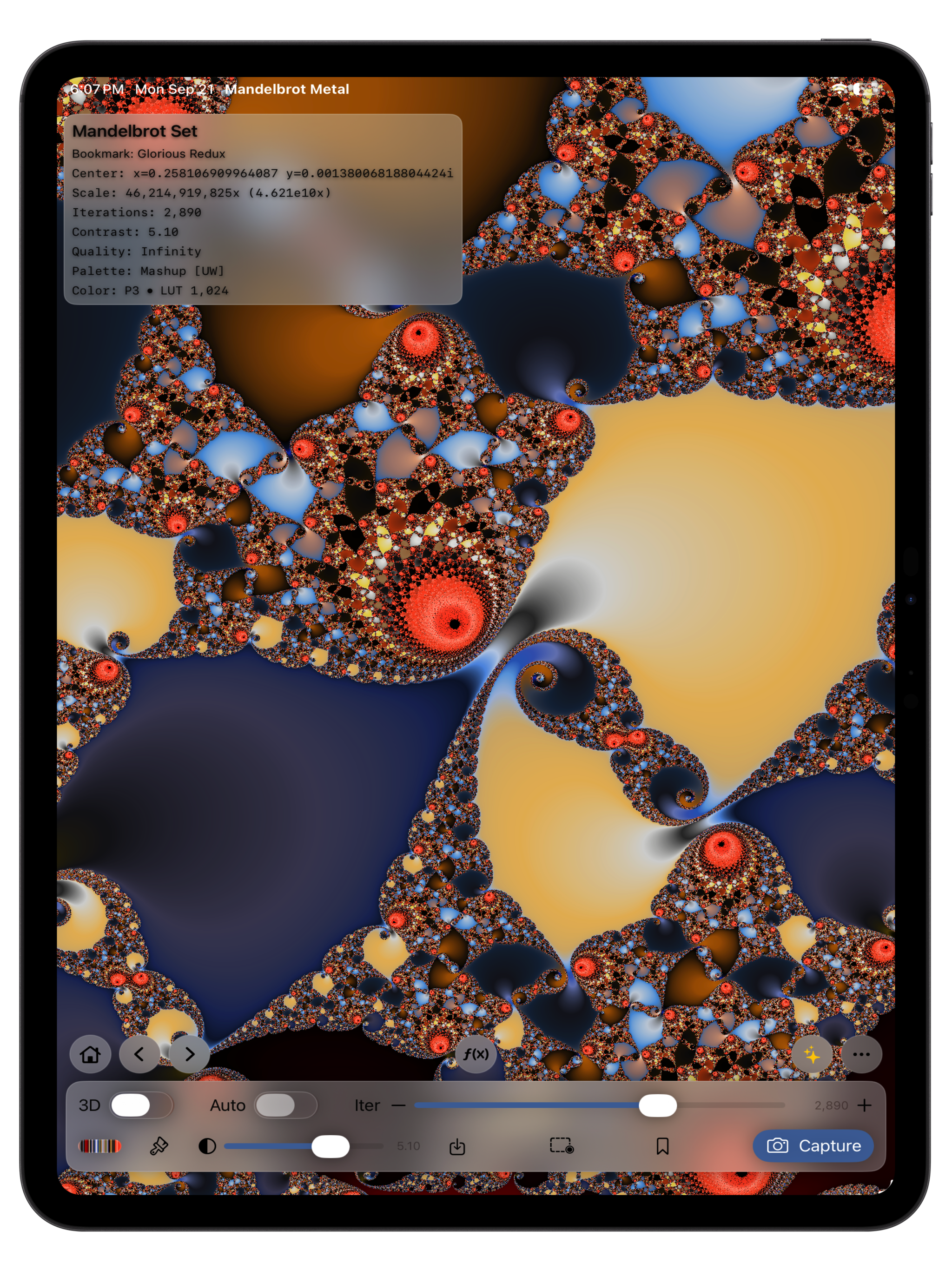 Glorious Redux in Mandelbrot Metal 3 on iPad, with coral, blue, and gold spirals rendered by the Infinity Engine and the Home button visible. The complete device bezel is visible.