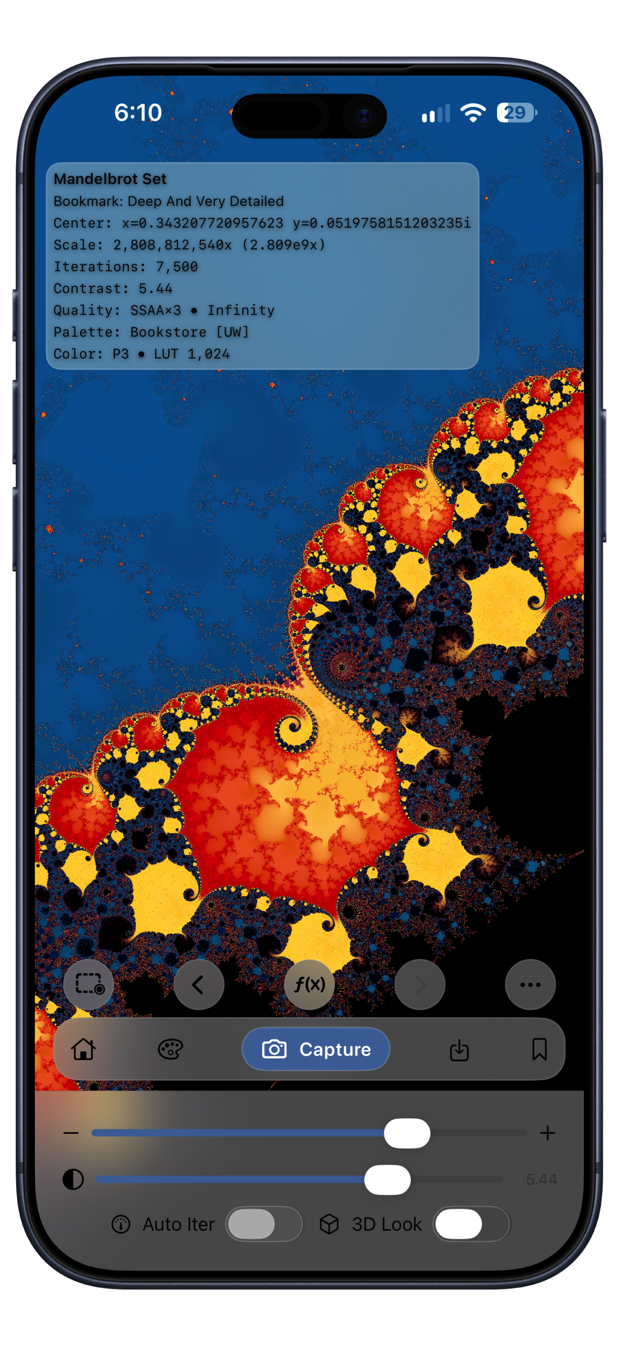 Mandelbrot Metal 3 on iPhone showing the blue and gold Deep And Very Detailed bookmark, the Infinity Engine, and the house-shaped Home button. The complete device bezel is visible.