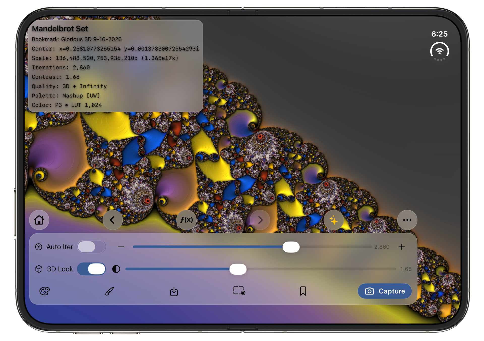 Mandelbrot Metal on the iPhone Duo inner display with a wide control dock and the same fractal scene.