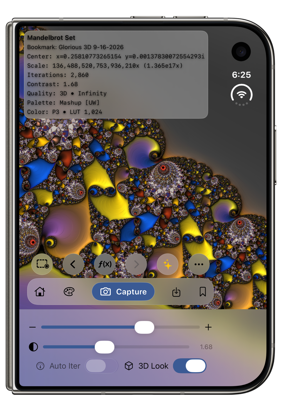 Mandelbrot Metal on the iPhone Duo outer display with compact controls and a gold, blue and violet fractal.