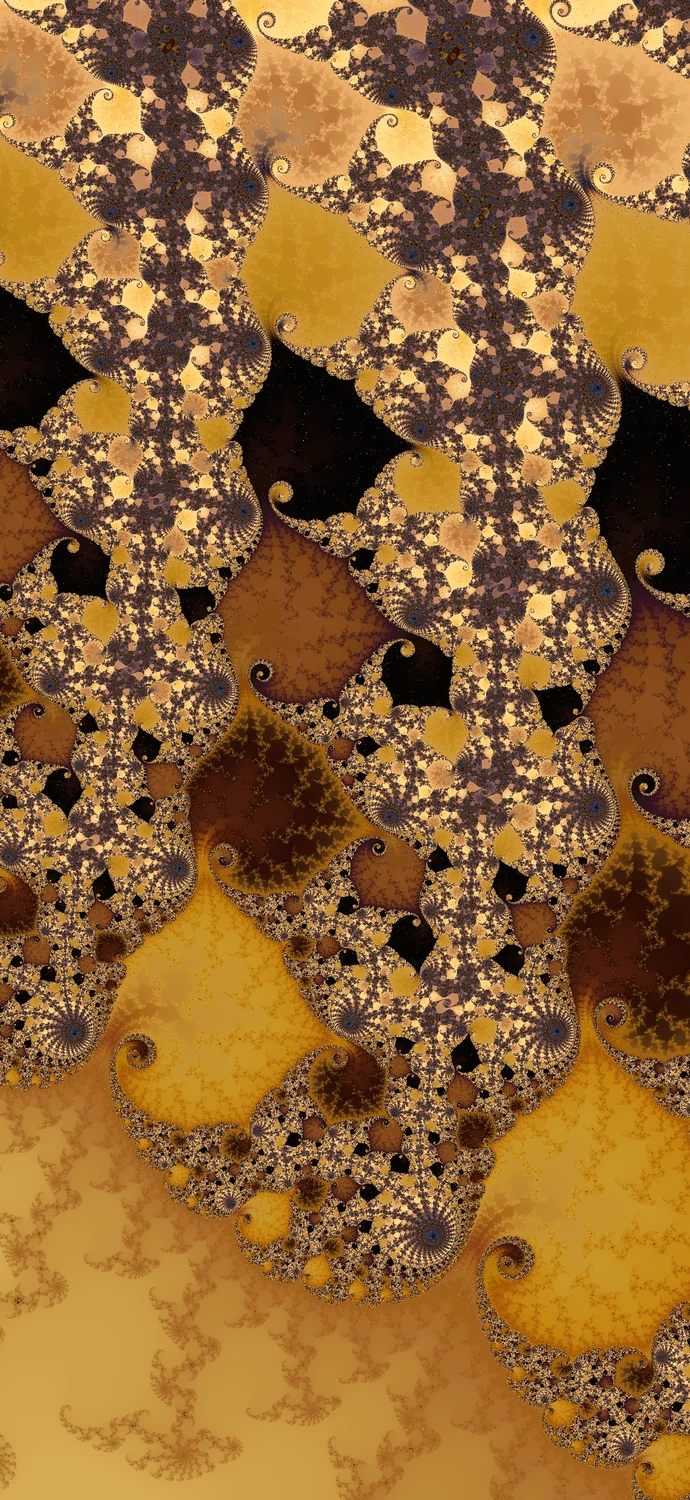 Golden Mandelbrot forms with sculpted lighting and intricate repeating detail.
