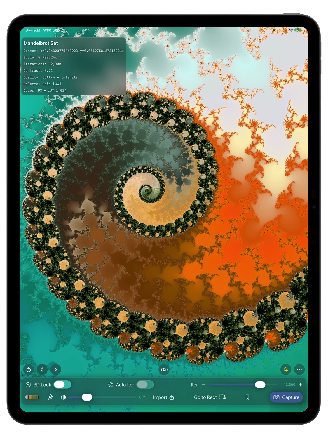 Mandelbrot Metal on iPad displaying a turquoise and gold spiral at approximately 5.983 × 10²⁴ zoom with the Infinity Engine.