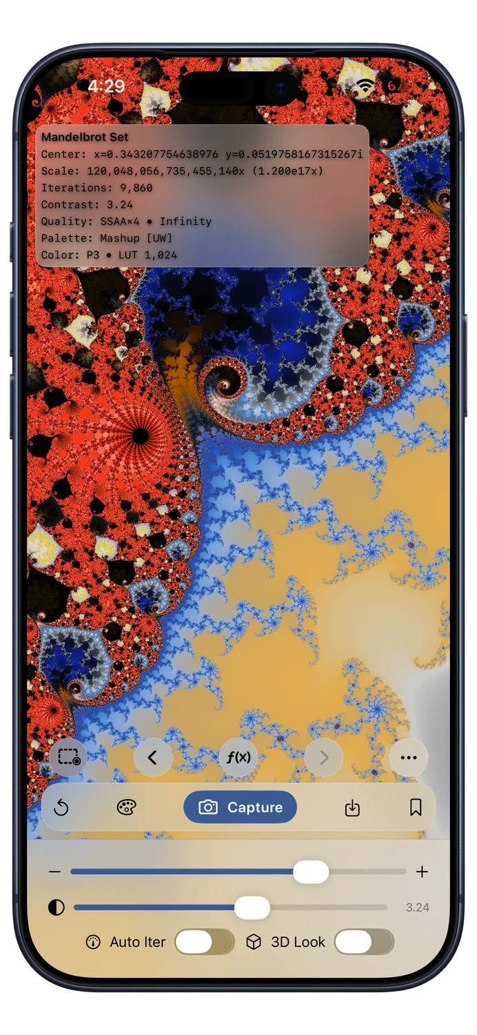 Mandelbrot Metal on iPhone showing coral, gold, and blue fractal detail at 1.2 × 10¹⁷ zoom.